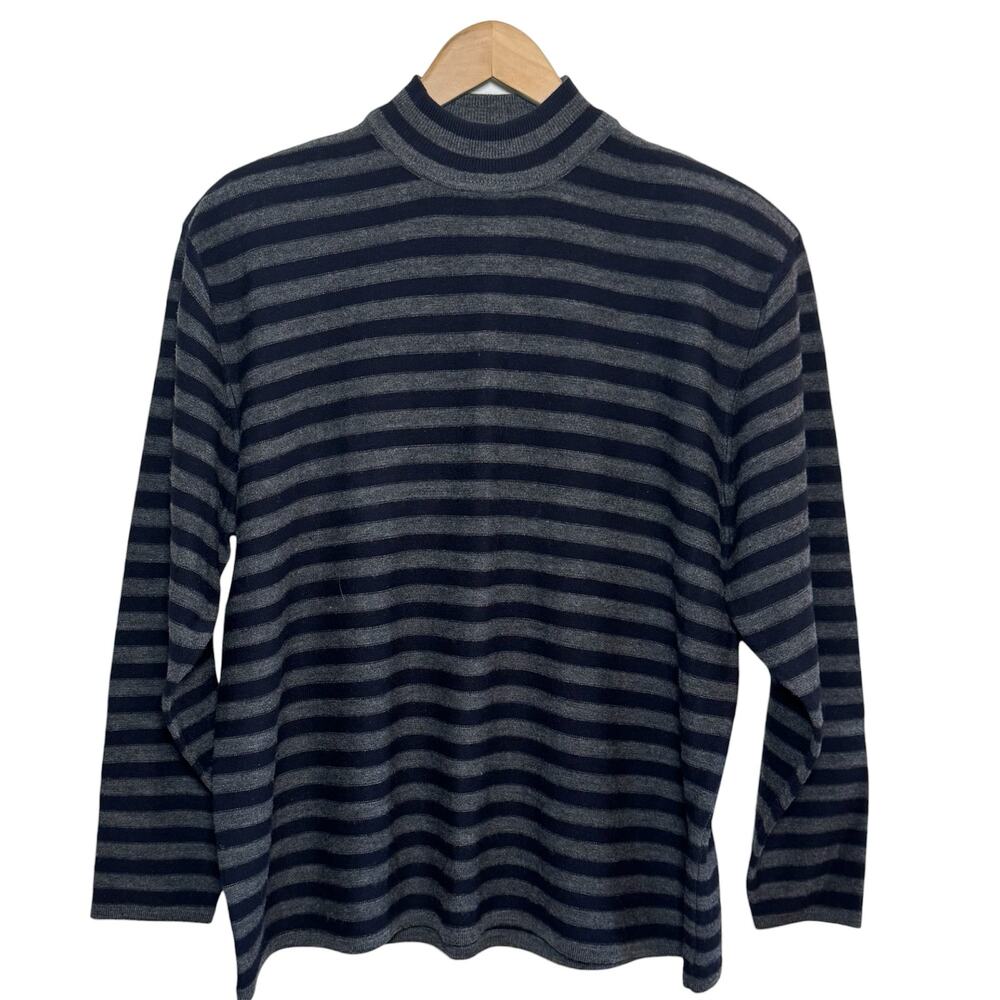 Vtg Lord & Taylor 100% Merino Wool Plus Size 2X Navy Gray Striped Mock Sweater